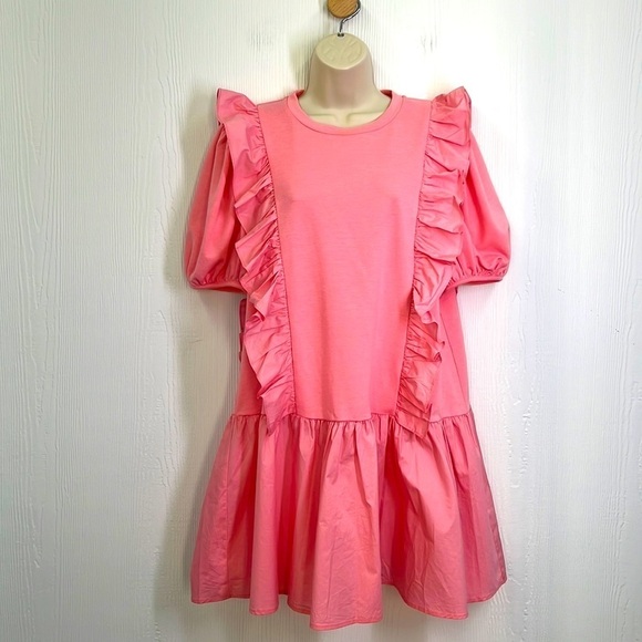 English Factory - Pink Puff Sleeve Ruffle Detail Short Sleeve  Mini Dress Medium - Picture 1 of 12